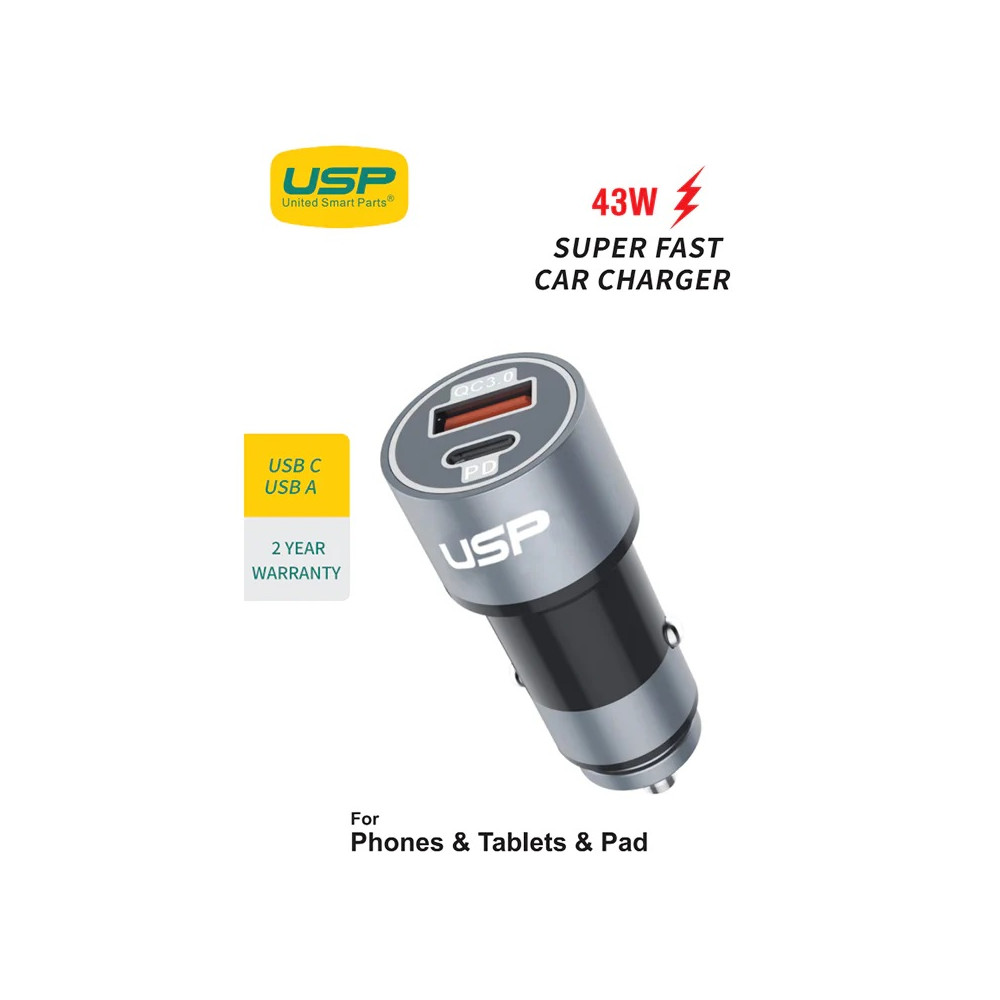 USP 6976552041645 43W Dual Port Car Charger (USB-C PD 25W + USB-A QC 3.0) – Silver, Smart Protection, Dual USB, Fast charging for Samsung & iPhone, 5 Years Warranty - Image 1