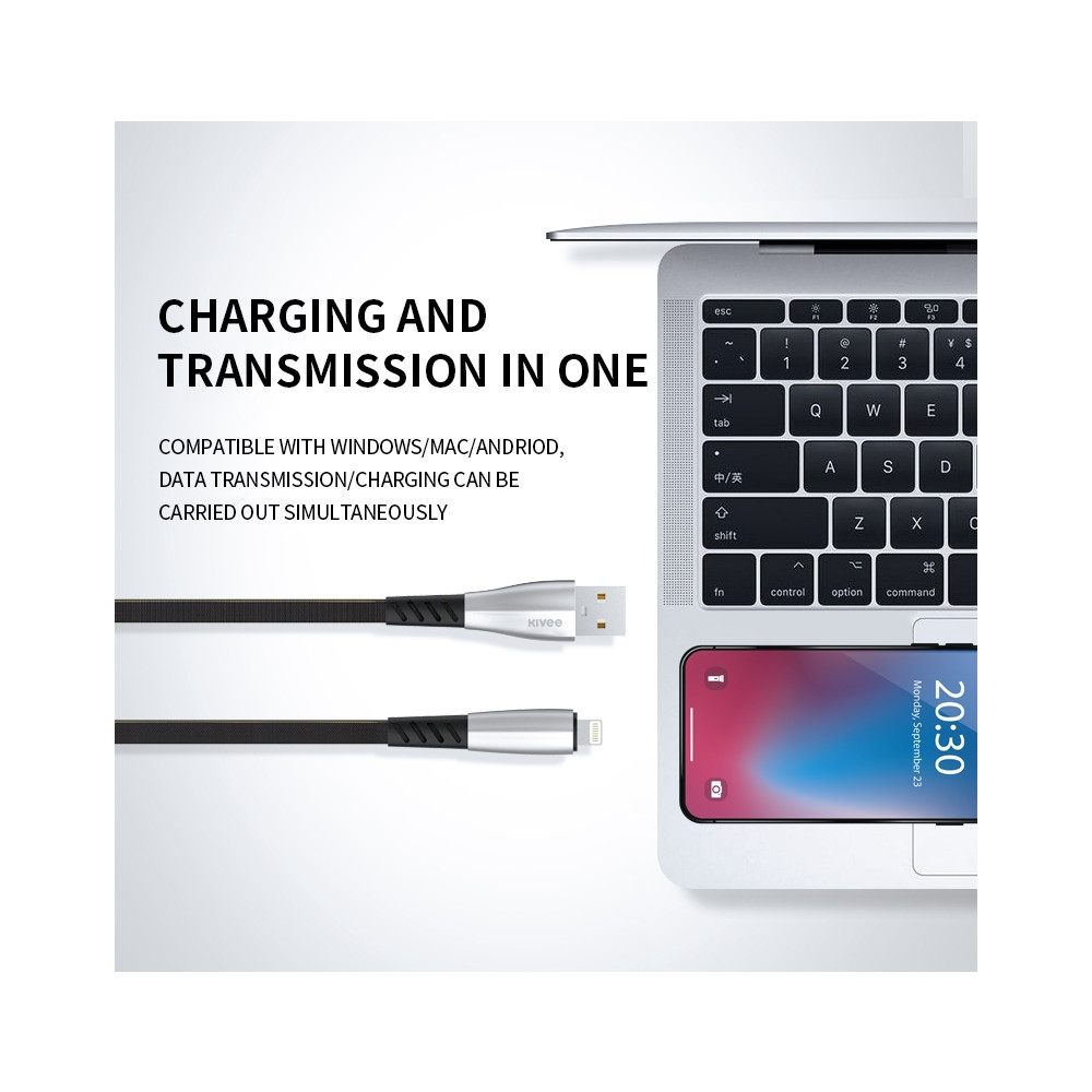 KIVEE 6971239575611 CB103 8 Pin connector fast Charging cable 1M Black/Silver - Image 2