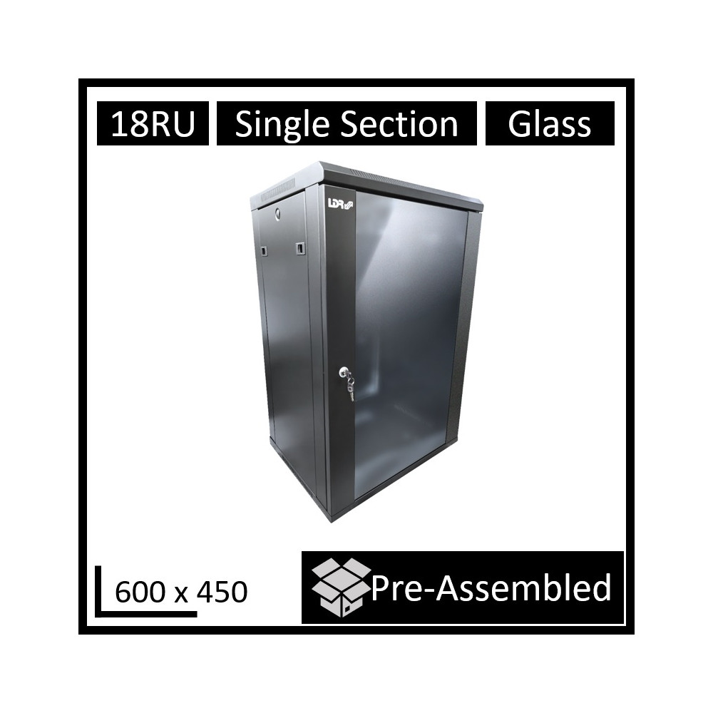 LDR WB-SS64180NB Assembled 18U Wall Mount Cabinet (600mm x 450mm) Glass Door - Black Metal Construction - Top Fan Vents - Side Access Panels - Image 1