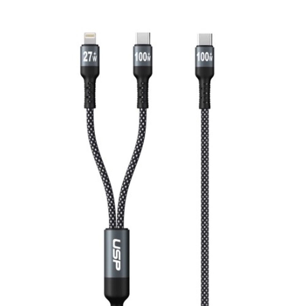 USP 6976552042499 Braided 2-in-1 USB-C to Lighting (27W) + USB-C (100W) Super Fast Charging Cable (1.2M) Black - High Speed Charging, 5 Years Warranty - Image 1
