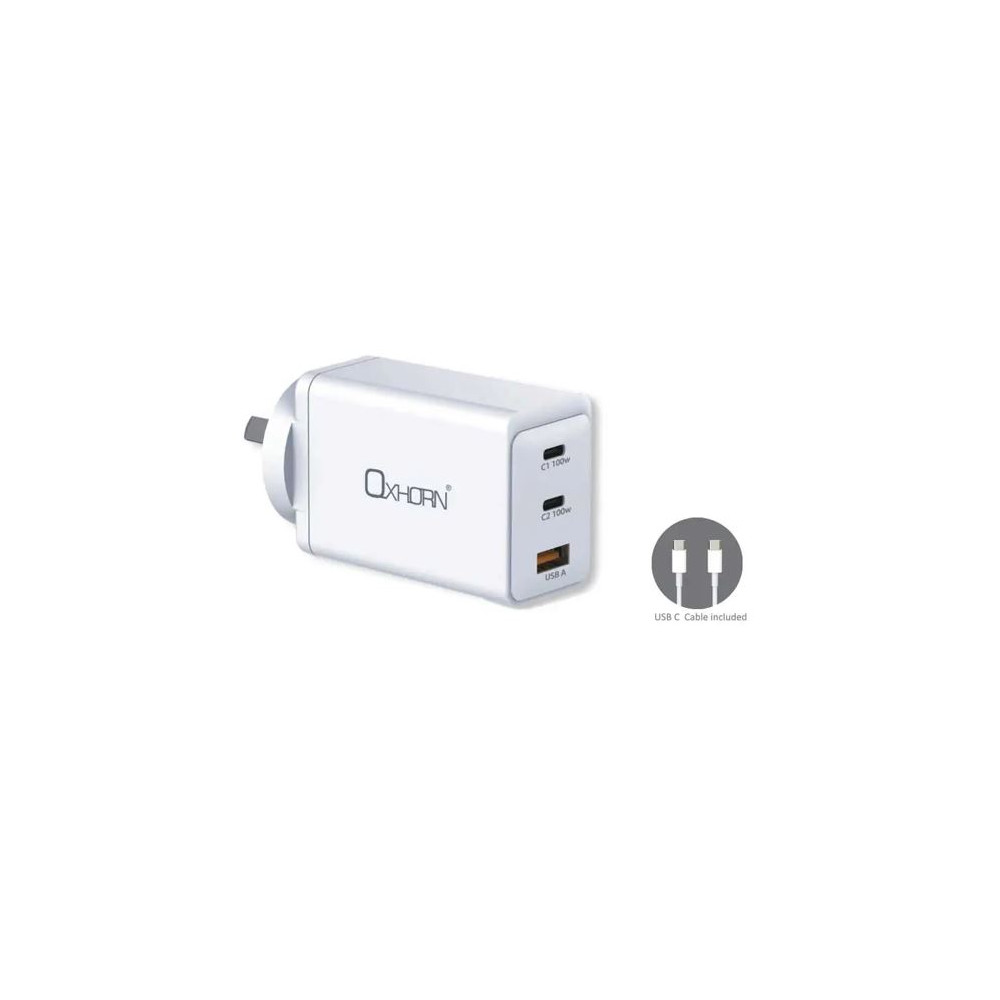 Just You PC NB-PD100S Oxhorn Charger Accessories AC 100W GaN Type C fast Charger 3 Ports 2xUSB-C 1xUSB-A PD3.0 QC4.0+ PPS for Laptop/Mobile/Tablet/Other Device White - Image 1