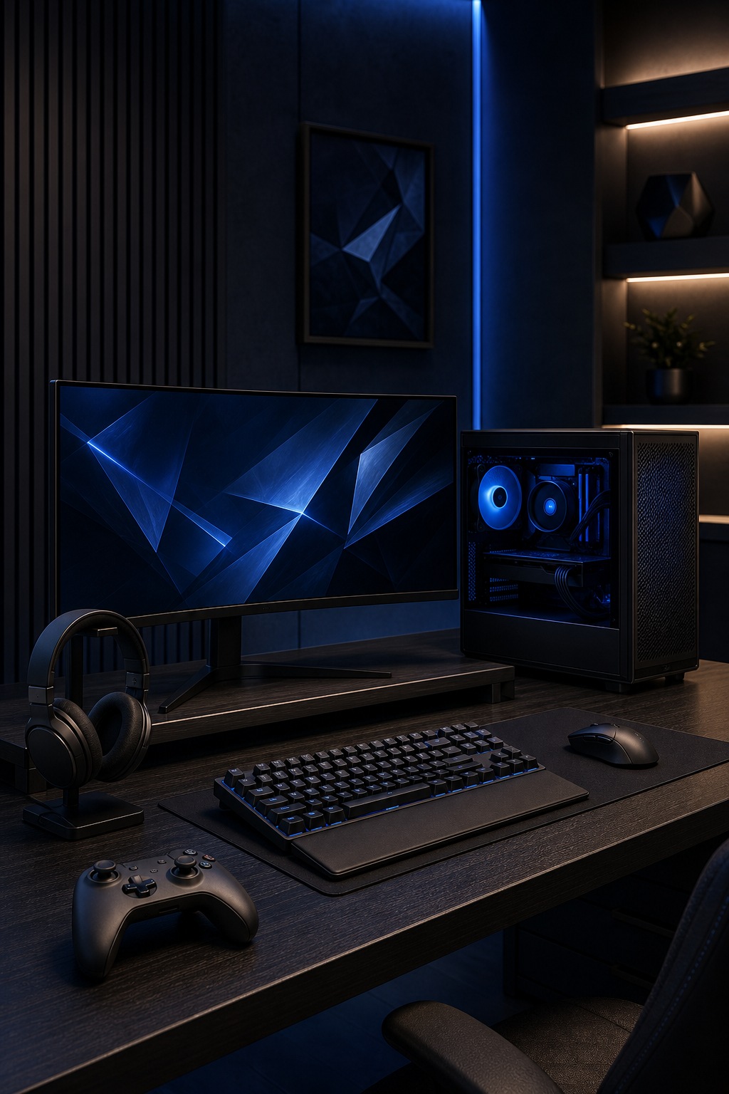 Monitor and desktop setup with blue accent lighting